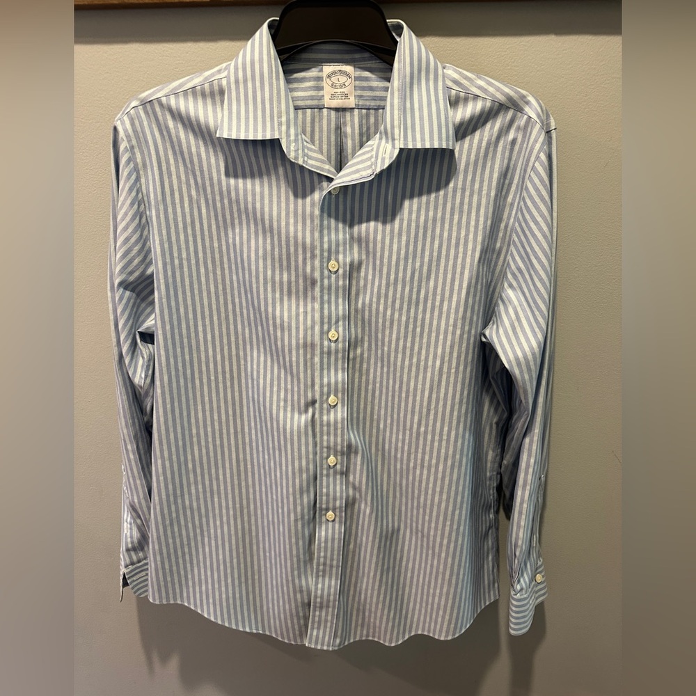 Brooks Brothers L Blue White Stripe Supima Cotton Non Iron Dress Shirt